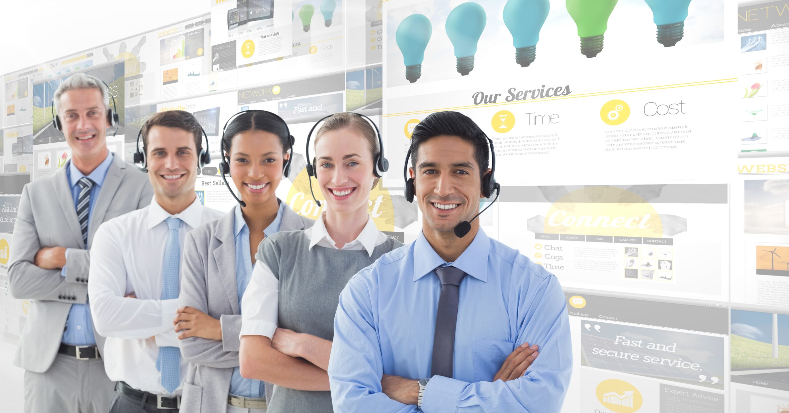 Portrait of call center executives in headset standing with arms crossed
